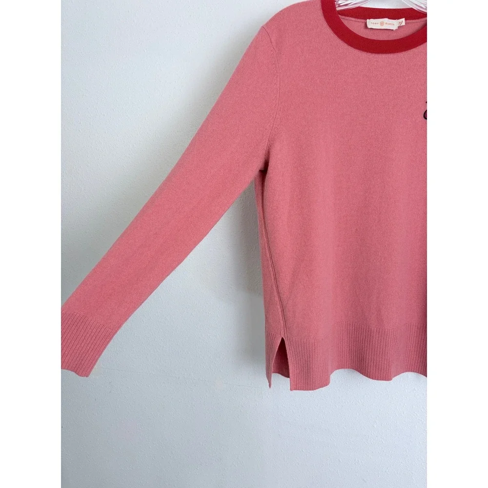 Tory Burch Pink Red Cherry Embroidered Crewneck Knit Sweater M